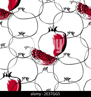 Seamless pattern whith illustration pomegranate fruit in line art black and red color on white Stock Vector