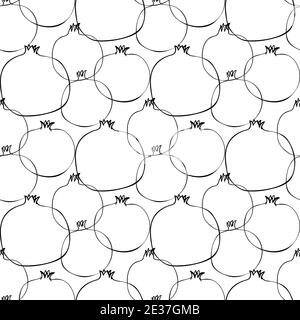 Seamless pattern whith illustration pomegranate fruit in line art black color on white Stock Vector