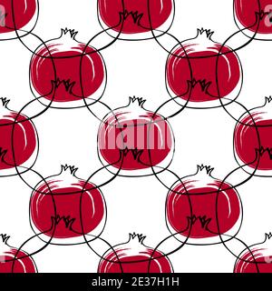 Seamless pattern whith illustration pomegranate fruit in line art black and red color on white Stock Vector