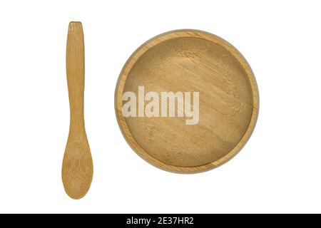 Empty bamboo wooden brown bowl and spoon isolated on white Stock Photo