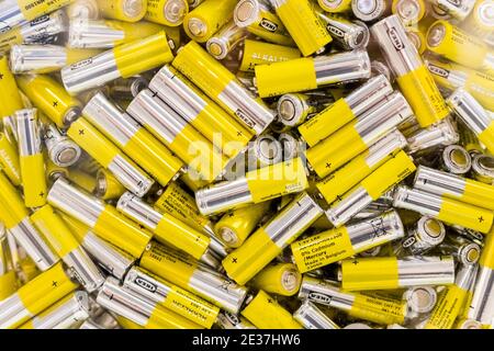 Omsk, RUSSIA,2 may, 2020.Used batteries from different manufacturers, waste collection and recycling Stock Photo