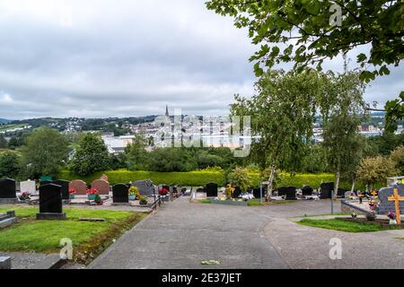 LETTERKENNY , IRELAND - AUGUST 12 2020 : The cemetry is overlooking the city. Stock Photo