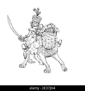 Worse goblin on the wolf. Fantasy Ogre drawing. Stock Photo