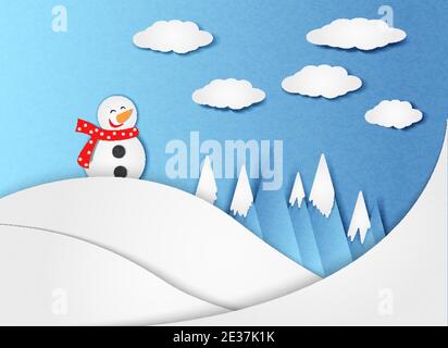 Snowman and mountains and clouds Stock Vector