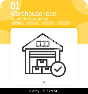 warehouse icon with checkmark sign with outline style isolated on white background. Vector illustration warehouse sign symbol icon concept for ui, ux Stock Vector