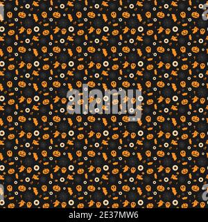 Seamless pattern vector illustration on the theme of halloween. Lots of potions, skulls, ghosts and more Stock Vector