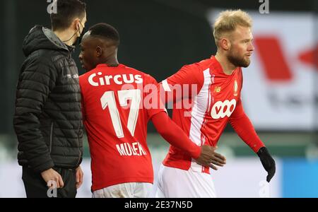 Standard's Jackson Muleka Kyanvubu and Standard's Joao Klauss De Mello pictured during a soccer match between Cercle Brugge and Standard de Liege, Sun Stock Photo