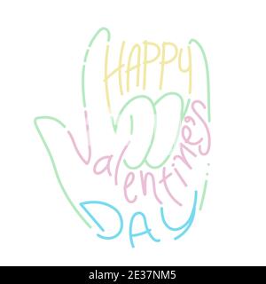 Happy Valentine's day vector card. Happy Valentines Day lettering with pattern in I love you hand sign shape isolated on white background. vector illu Stock Vector