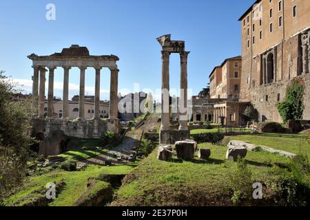 Italy, Rome, Roman Forum, Temple of Saturn, Temple of Vespasian and Titus and Tabularium on the Capitoline Hill Stock Photo