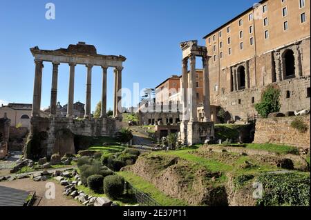 Italy, Rome, Roman Forum, Temple of Saturn, Temple of Vespasian and Titus and Tabularium on the Capitoline Hill Stock Photo