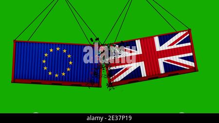 UK and EU trade war concept. United Kingdom and European Union flags . crashed containers . 3d illustration.  green screen