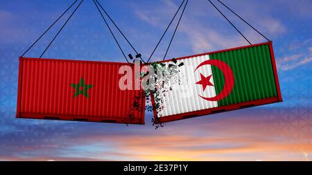 Trade war. Two freight containers with morocco and Algeria flag crashing into eachother. 3D Rendering Stock Photo