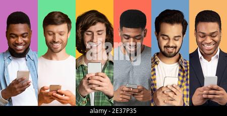 Row Of Diverse Men Using Smartphones In Collage, Colorful Backgrounds Stock Photo