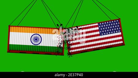 Trade war. Two freight containers with United States and india flag crashing into eachother. 3D Rendering .green screen Stock Photo