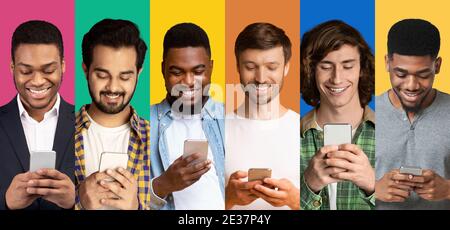 Multicultural Men Texting On Smartphones Over Colorful Backgrounds, Collage Stock Photo