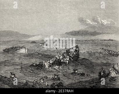 British boats sinking at the Battle of Saint Cast, 11 September 1758, Seven Years' War Stock Photo