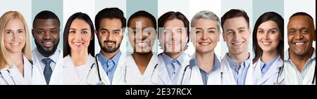 Collage Of Multiethnic Doctors And Medical Workers Portraits, Gray Backgrounds Stock Photo