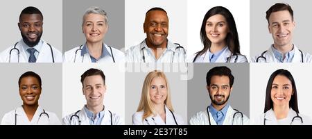 Collection Of Doctors And Nurses Headshots In Collage, Gray Backgrounds Stock Photo