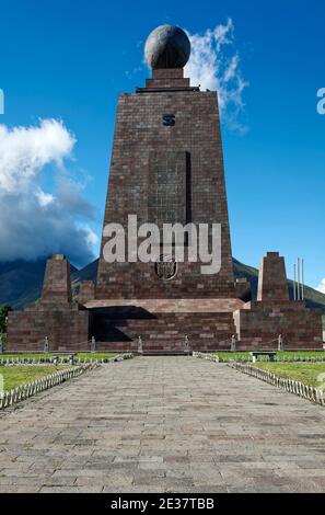 Monument to the Equator, 1982, La Mitad del Mundo, 98 feet, 30 meters, polished stone exterior, globe on top, south side, Museo Etnografico, South Ame Stock Photo