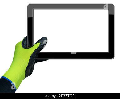Hand with work glove holding a blank digital tablet isolated on white background with copy space. Stock Photo