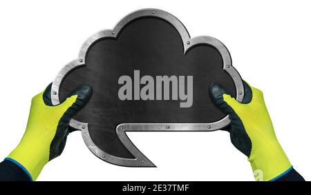 Hands with work gloves holding a blank blackboard with metal frame, in the shape of a speech bubble and cloud. Isolated on white background.