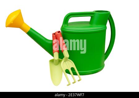 gardening set with green garden watering can stand on white backround Stock Photo