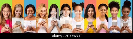 Multiethnic Ladies Using Smartphones Texting Over Colored Backgrounds, Collage, Panorama Stock Photo