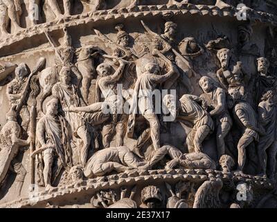 Rome. Italy. Column of Marcus Aurelius (AD 193), on Piazza Colonna. Detail of a relief scene depicting a battle of the Marcomannic Wars, late 2nd cent Stock Photo