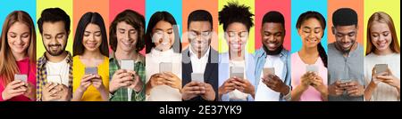 Diverse Millennials Using Smartphones Texting Over Colorful Backgrounds, Collage Stock Photo