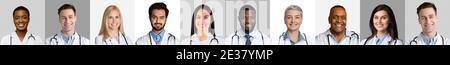 Row Of Multicultural Doctors Portraits, Gray And White Backgrounds, Collage Stock Photo