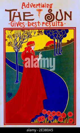 Vintage poster design by Louis Rhead from1896 showing a red cloaked woman on a blue path with green lawn and a few trees thrown in for good measure. Stock Photo