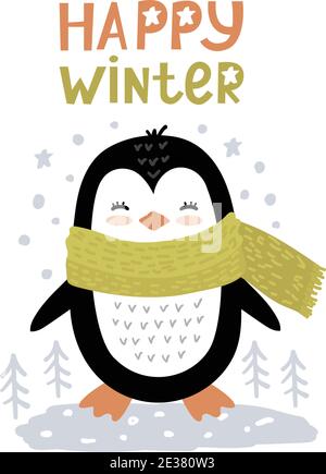 Little christmas penguin and text happy winter. Cute vector illustration in scandinavian style, doodle nursery art. Stock Vector
