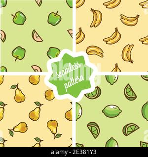 Seamless fruit backgrounds set- vector patterns with banana, pear, apple, lime. Funny fruit. Cute Seamless Patterns. Stock Vector