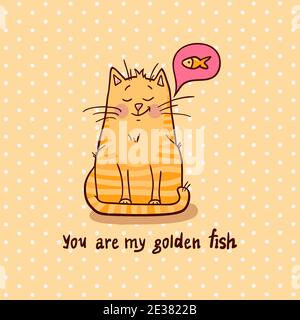 Cute cartoon hand drawn cat with with bubble goldfish. Adorable vector clip art for your design. Isolated on wight. Vector illustration with text - yo Stock Vector
