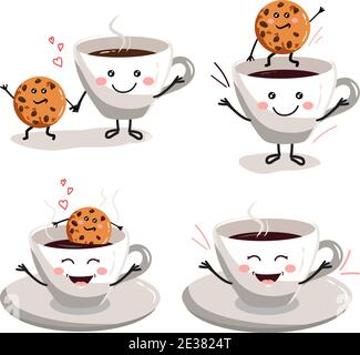 Cute cup of coffee and cookies. Vector cartoon illustration. Restaurant coffee badge, cafe barista menu. Stock Vector