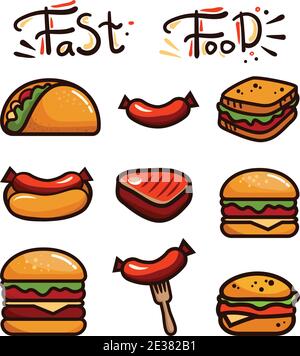 Set with various fast food. Sandwich, hot dog, hamburger, taco, sausage. hand-drawn vector illustration Stock Vector