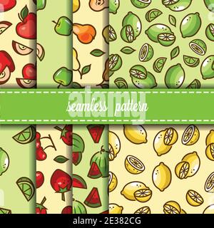 Seamless fruit and berry backgrounds set- vector patterns with apple, lemon, lime, pear, cherry, watermelon, strawberry. Funny fruit. Cute Seamless Pa Stock Vector