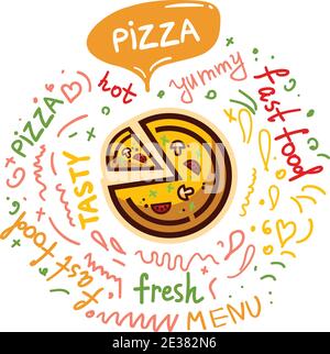 Tasty pizza, fast food poster. Vector color flat illustration for poster, label and menu cafe fast food. Stock Vector