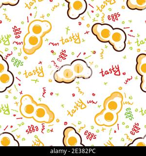 Fried Eggs seamless pattern on blue background. Vector illustration. Stock Vector