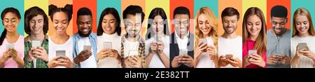 Young People Using Smartphones Texting On Different Colorful Backgrounds, Collage Stock Photo