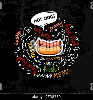Tasty hot dog, fast food poster. Vector color flat illustration for poster, label and menu cafe fast food. Stock Vector