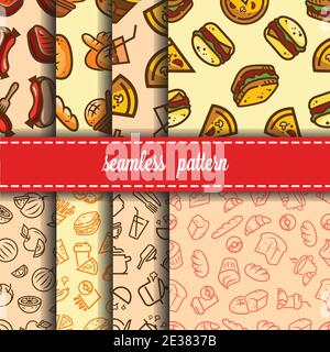 Vector seamless backgrounds set with fast food icons for your design. Stock Vector