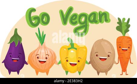 Go Vegan Illustration. Cute kawaii smiling vegetables. Healthy style collection. Stock Vector