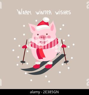 Vector illustration, Happy New Year 2019 funny card design with cartoon pig Stock Vector