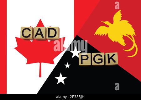 Canada and Papua New Guinea currencies codes on national flags background. International money transfer concept Stock Photo