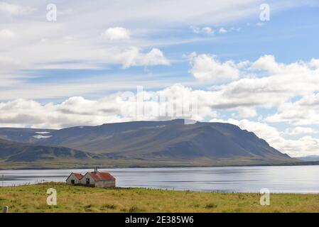 Icelandic landscape with picturesque church Stock Photo