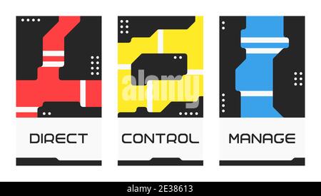 Motivational poster with lettering: direct, control, manage. Modern wording design. Set of three vector illustrations. Flat art design Stock Vector