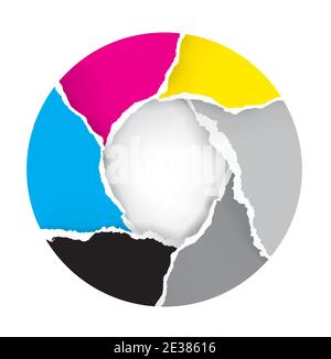 Camera shutter background,torn paper color wheel. Illustration of circle background with CMYK colors, useful for infographic. Stock Vector