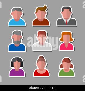illustration of the female and male avatars set color stickers and tags Stock Vector