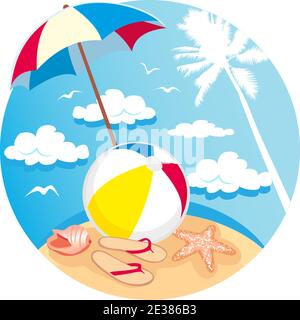 Summer time vector banner design with colorful beach elements in white background. Vector illustration. Isolated on whight. Stock Vector